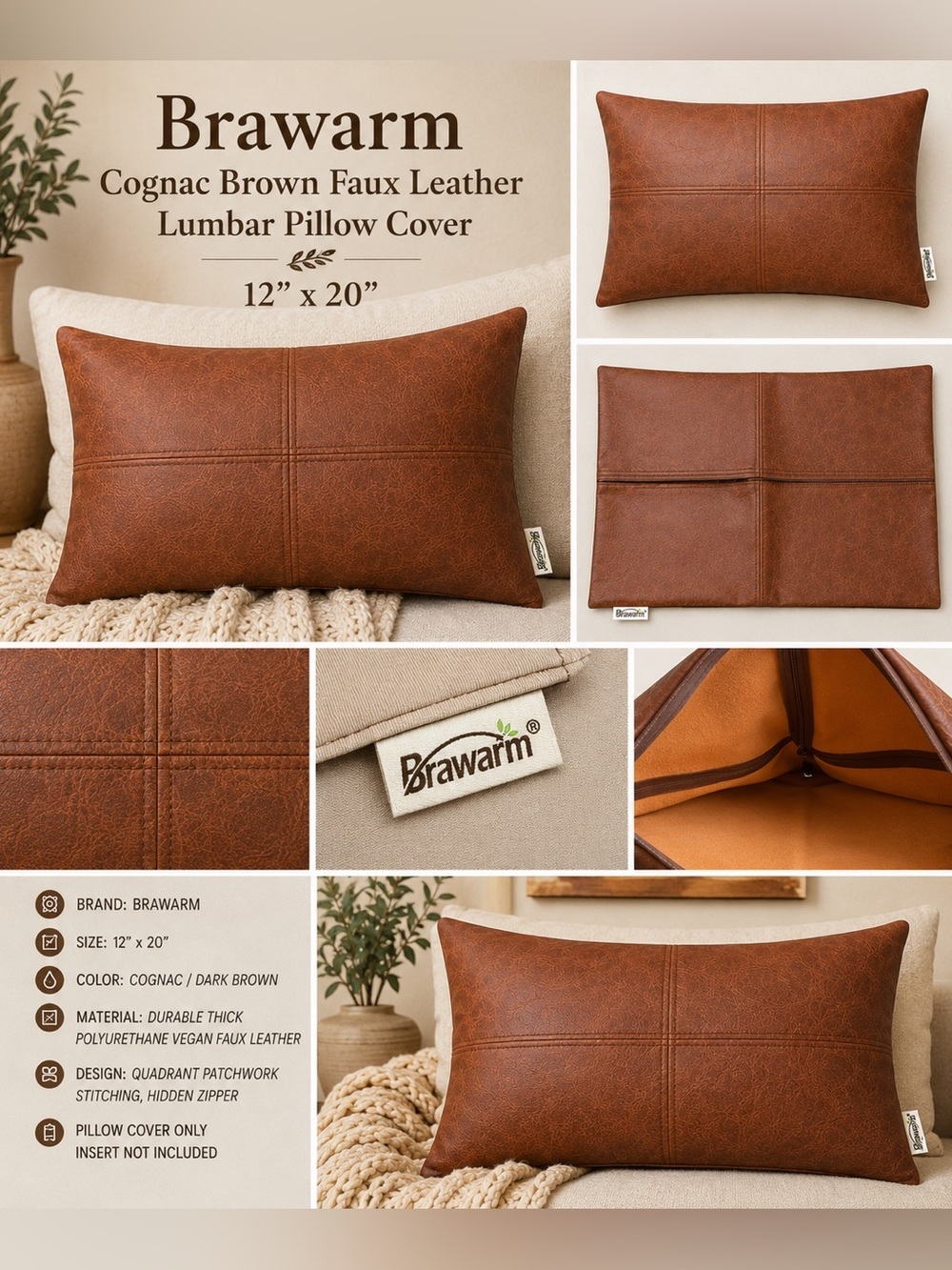 Brawarm Cognac Brown Faux Leather Lumbar Pillow Cover 12x20 Farmhouse